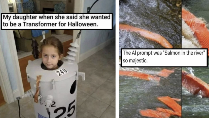An image of a daughter dressed up as a transformer next to an image of a salmon generated by artificial intelligence.