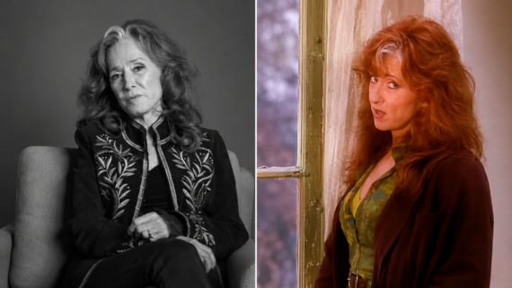A split image: left, a woman with long red hair in a dark embroidered jacket sits in a chair, black and white; right, the same woman stands by a window in color, wearing a green top, looking at the camera. Bonnie Raitt.