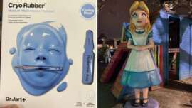 Split image: Left shows Cryo Rubber Moisture Mask packaging with a blue rubber face mask, a tube of Hyaluronic acid, and branded text. Right depicts a statue of a blonde girl in a blue and white dress, hands folded, standing in front of colorful wooden structures.