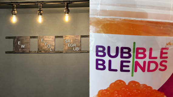 A split image: left shows metal tiles with scrambled letters, right shows orange boba and the label “BUBBLE BLENDS” with some letters in different colors. Three light bulbs hang above the left side.