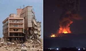 On the left, a severely damaged multi-story building with debris scattered around. People are seen examining the scene. On the right, a distant view of a mountain at night with a large fire and smoke plume, likely from an eruption or wildfire.
