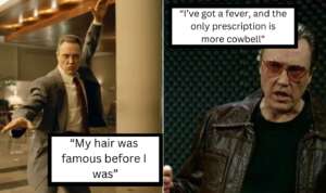 Left: A man in a suit and tie is striking a dance pose in a large indoor space with wooden beams. Text reads: "My hair was famous before I was." Right: The same man wears sunglasses and a leather jacket, speaking into a microphone. Text reads: &ldquo;I&rsquo;ve got a fever, and the only prescription is more cowbell.&rdquo;