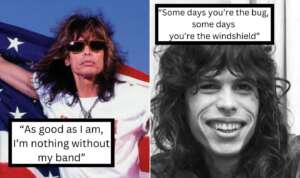 Two images of the same man. On the left, he wears sunglasses and holds an American flag with the quote, "As good as I am, I&rsquo;m nothing without my band." On the right, he is smiling, and the quote reads, "Some days you're the bug, some days you're the windshield.