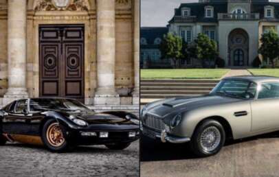 Split image: On the left, a sleek black sports car parked in front of grand stone doors; on the right, a classic silver coupe parked on a cobblestone drive before an elegant mansion.