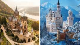 Side-by-side images of two castles: the left shows a brown medieval-style castle on a hill by a river, surrounded by greenery; the right shows a white castle with towers amid snow-covered mountains and trees.