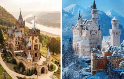 Side-by-side images of two castles: the left shows a brown medieval-style castle on a hill by a river, surrounded by greenery; the right shows a white castle with towers amid snow-covered mountains and trees.