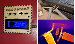 A wooden device labeled "Who's Home?" with a digital screen showing times people were last seen is mounted on a red wall. The right side shows network cables in a thermal image, highlighting temperature readings of 39&deg;C and 76&deg;C.