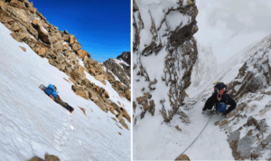 Left image: A person sliding down a snowy slope in a prone position, surrounded by rocky terrain under a clear blue sky. Right image: Climbers are ascending a steep, narrow snowy ravine with ropes, encircled by jagged rocks.