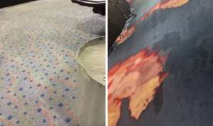 A split image reveals two distinct carpets that could easily be spotted in an airport: the left showcases a gray pattern with blue and red dots, while the right boasts a dark base with abstract orange and yellow splotches. Some edges and fixtures are partially visible, adding to the visual intrigue.
