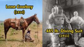 Left: A cowboy sits on the grass beside a standing horse in a pasture, titled "Lone Cowboy (1910)." Right: A man stands next to a heavy diving suit inside a building, titled "485 lb. Diving Suit (1911).