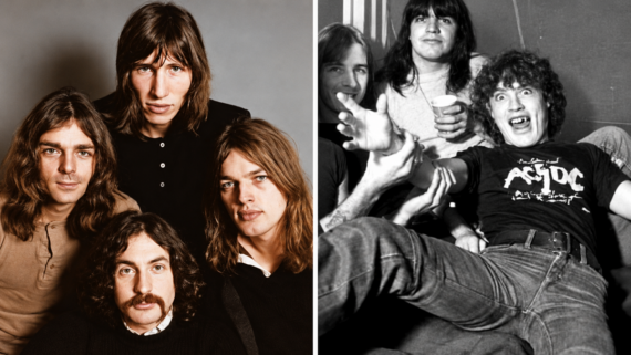 Split image: Left, four men pose closely together; right, four men sit casually, one in an AC/DC shirt leans forward with an expressive face. Both photos are black and white and show rock band members.