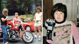 On the left, three people are gathered by a red car and motorcycle; two stand while one sits on the motorcycle. On the right, a child with short hair wears a Power Glove and a colorful T-shirt.