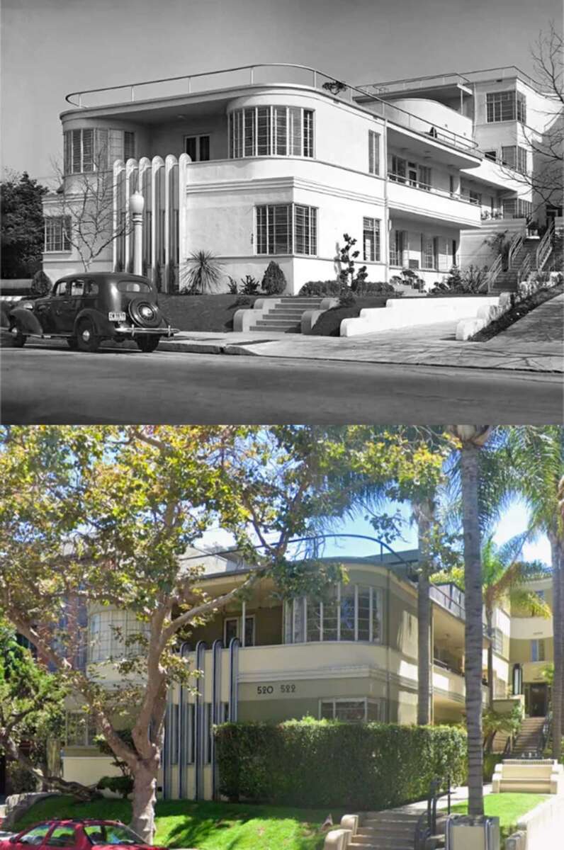 A black-and-white photo above and a color photo below show the same Art Deco apartment building, with curved lines and pipe details, taken decades apart. The newer image has lush trees and modern cars.