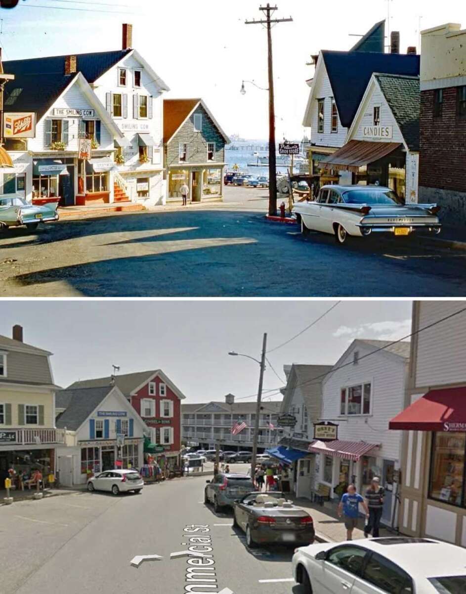 Two photos of the same coastal street decades apart: the top shows vintage cars and old-fashioned shops, while the bottom shows modern cars, updated storefronts, and more people, reflecting changes over time.