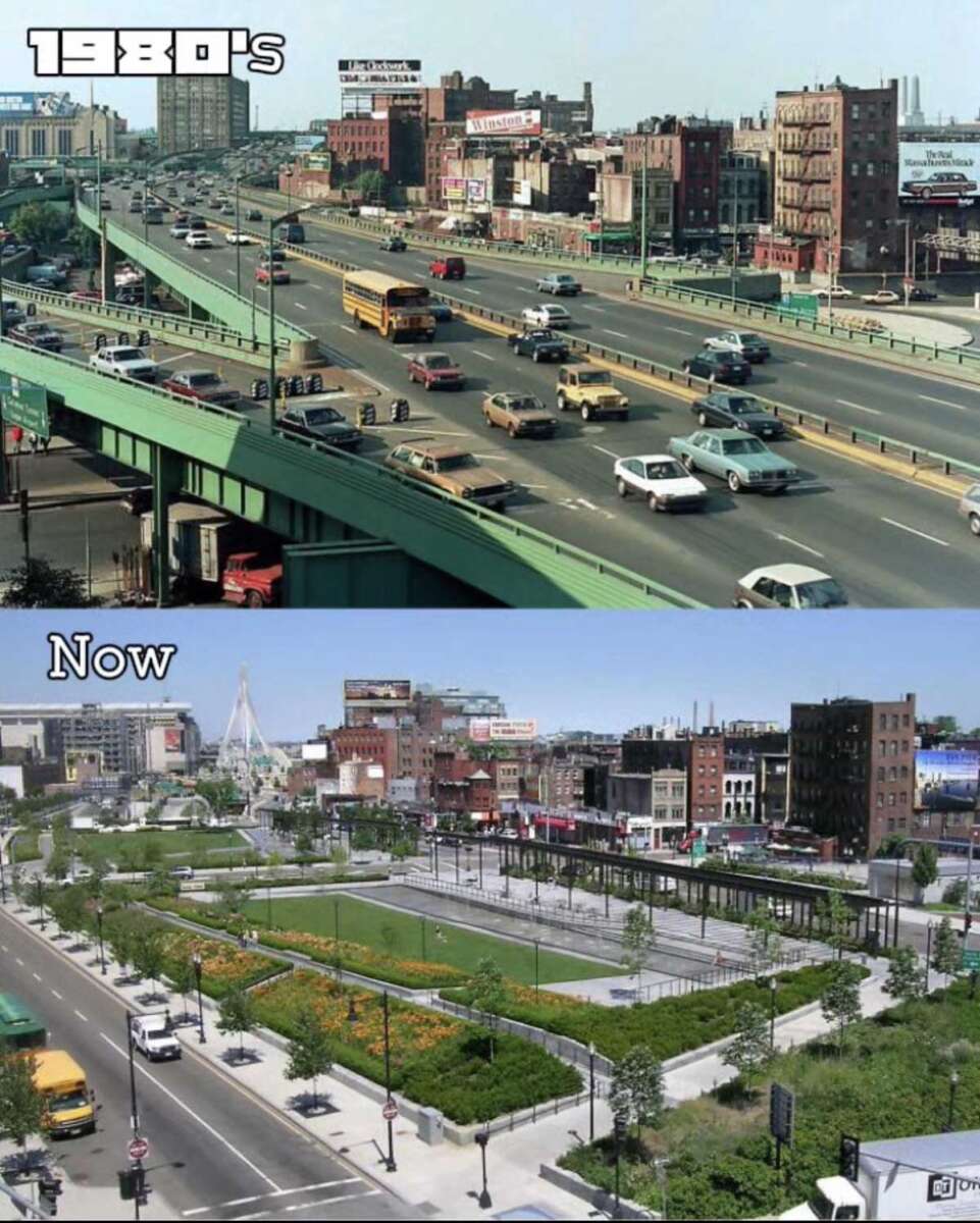 Two images compare the same city location: the top shows a busy highway with cars and buildings in the 1980s, and the bottom shows the area transformed into a green park with pathways and gardens in the present day.