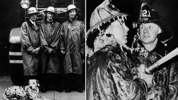 Left: Three firefighters in raincoats and helmets stand by a fire truck with a Dalmatian dog. Right: Two firefighters in gear, one covered in foam, work together at night. Both images are black and white.