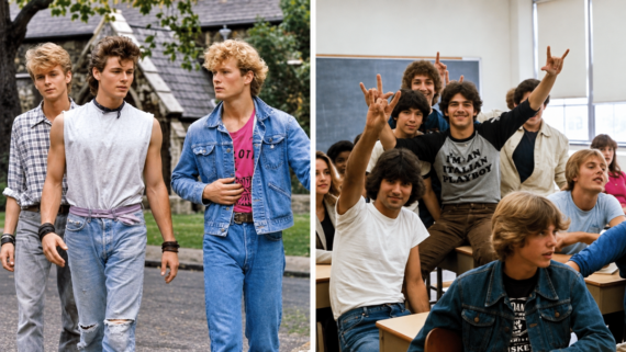 Two 1980s scenes: Left, three young men in retro denim outfits walk outside. Right, students in a classroom, some smiling and raising hands, wearing casual 80s clothes.