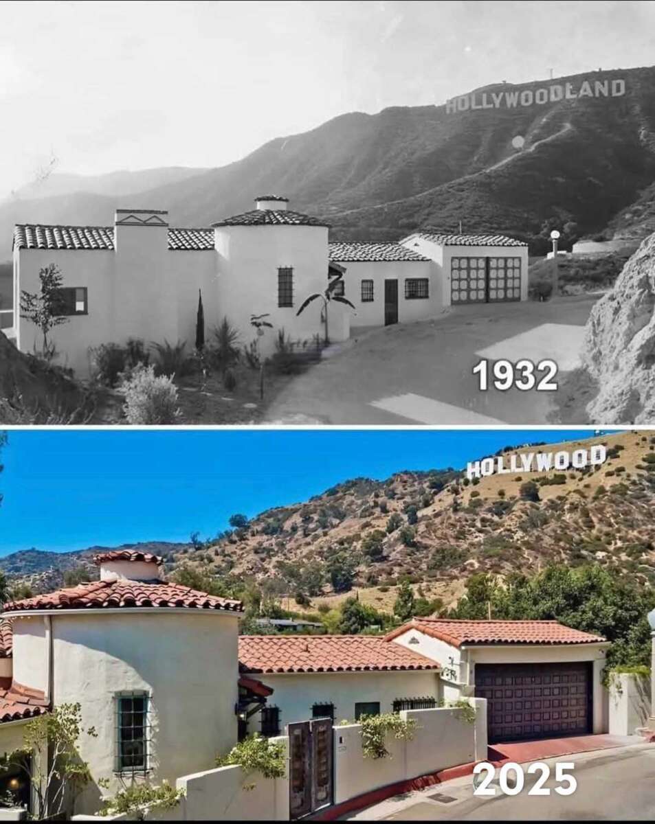 Two photos of the same house beneath the Hollywood sign: the top image shows the house in 1932 in black and white, and the bottom image shows it in color in 2025, with noticeable updates and landscaping.