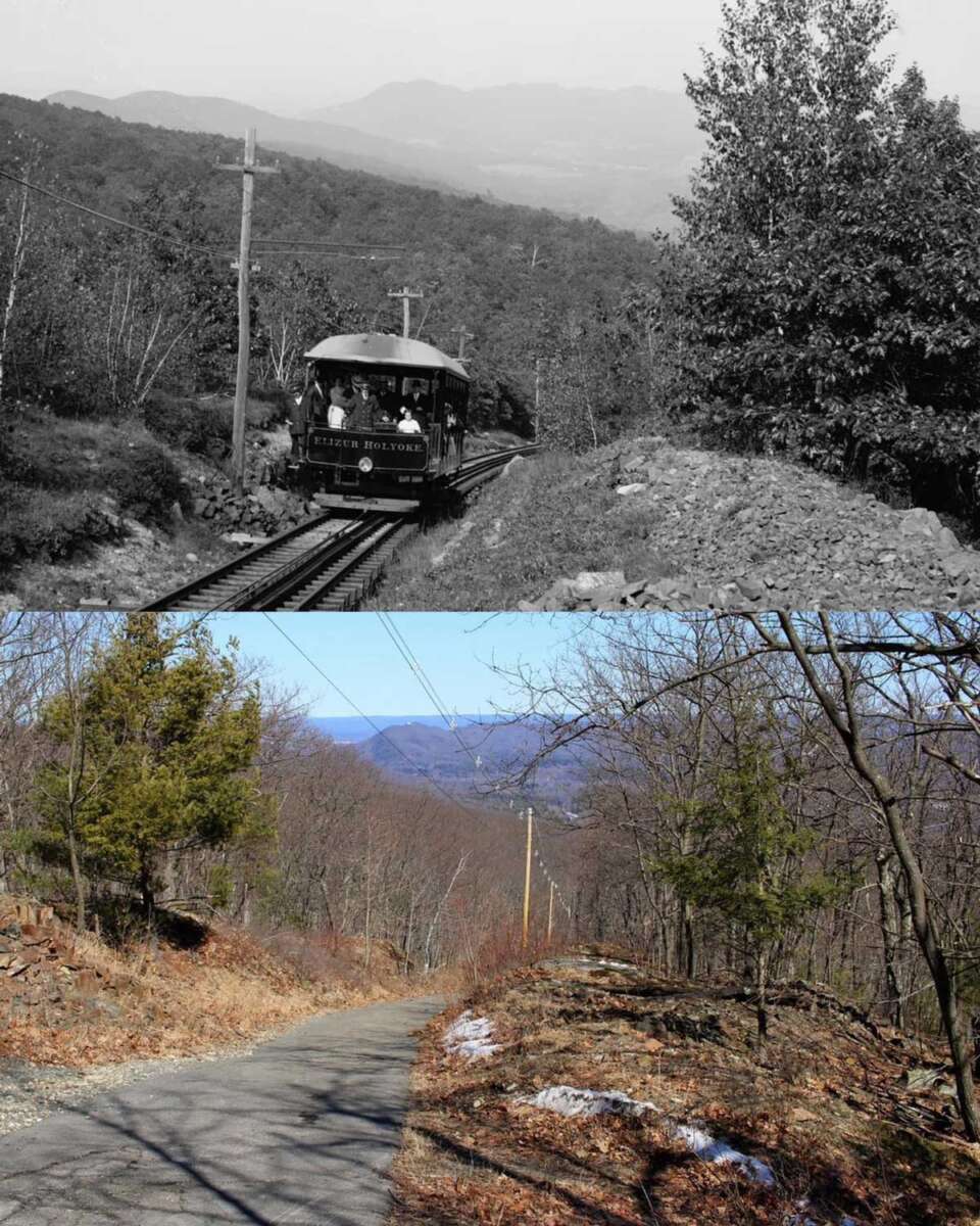 Split image: Top half shows a vintage black-and-white trolley car on a mountain track with distant hills; bottom half shows a modern color view of the same location, now a paved road lined with trees and power lines.