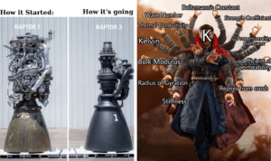 Left image: Two rocket engines side by side labeled "RAPTOR 1" and "RAPTOR 3" with captions "How it Started" and "How it's going." Right image: A person with multiple arms labeled with scientific terms like "Kelvin," "Wave Number," and others.