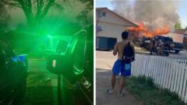 Left is an image of an extremely bright green light and right is a man looking at his home on fire