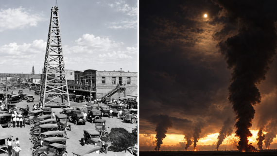 Left: Historic black-and-white photo of a busy oil drilling town. Right: Dramatic color image of thick black smoke rising from oil fires at sunset under a cloudy sky.
