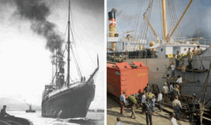 Left: A vintage photo of a steamship releasing black smoke, with sailors on deck. Right: A colorized image of people boarding a ship via a gangway with cranes and railroad cars nearby.