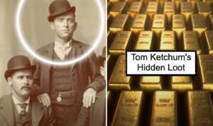 Sepia-toned photo of a man in a bowler hat on the left, surrounded by a circle. On the right, a stack of gold bars with the text "Tom Ketchum's Hidden Loot.