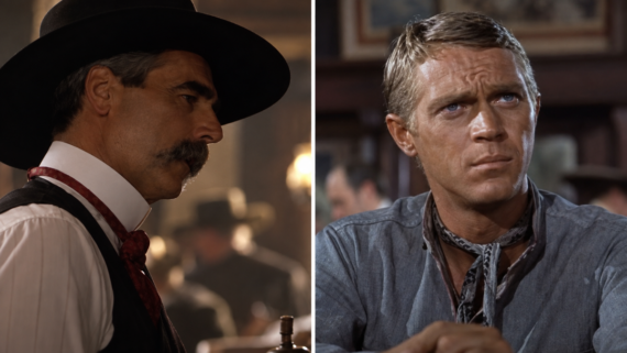 Split image: On the left, a man in a black hat and mustache wears a vest in a saloon. On the right, a blond man with a blue shirt and neckerchief looks serious inside a rustic room.