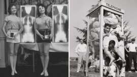 Left: Two women holding trophies stand beside X-ray images on display, smiling. Right: A group of people humorously squeezed into a telephone booth filled with stuffed animals, with onlookers in the background.