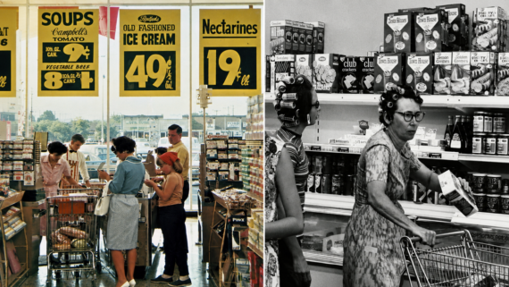 Two vintage supermarket scenes: left, families check out groceries by bright signs for soups, ice cream, and nectarines; right, women shop in curlers near shelves of canned goods.