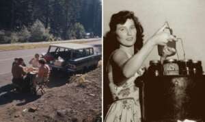 Left: A family has a picnic, using a station wagon's tailgate as a table, surrounded by trees. Right: A woman in a patterned dress lifts jars from a large pot with a jar lifter, likely canning food.