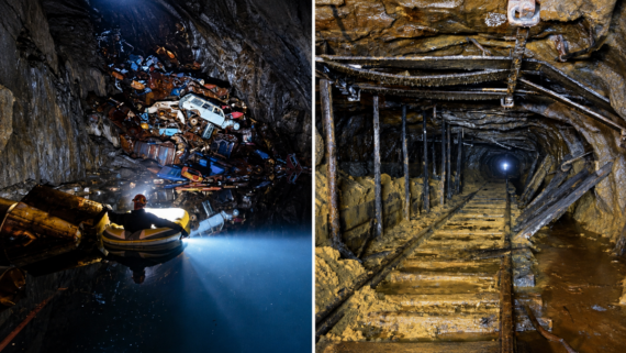 Split image: Left shows a person in a raft exploring an underground cavern filled with abandoned cars; right shows a dimly lit, old mine tunnel with wooden tracks and wet walls.