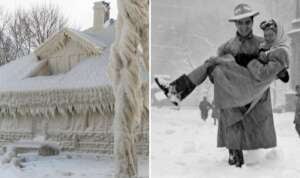Left: A house covered entirely in thick layers of snow and ice. Right: A black-and-white photo of a person carrying another through a snowstorm, both smiling and wearing winter coats.