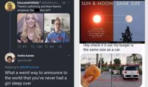 A collage of three memes. The first shows a contrast between two people with the caption, &ldquo;There's catchfishing and then there's whatever this is!?&rdquo;. The second image compares the size of the sun and moon using a Bible verse. The third meme shows a hand holding a burger next to a car, with text saying, "Hey check it out my burger is the same size as a car.