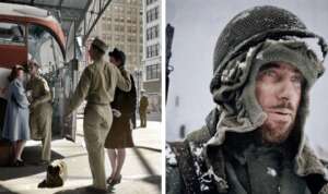 Left: People dressed in vintage military uniforms and civilian clothes stand near a red bus at a station. Right: A soldier in a helmet and winter gear stands in the snow, looking into the distance with a determined expression.