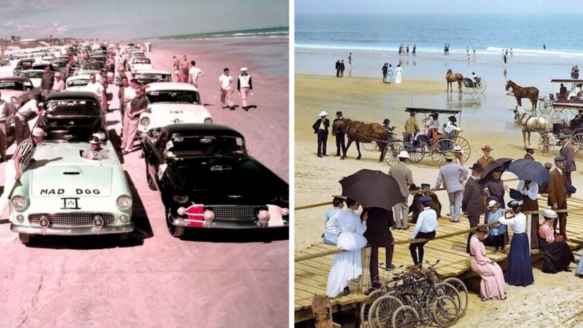 Left: A vintage car rally with 1950s cars, including a convertible labeled "MAD DOG," parked on a beach. Right: A historical scene on a beach with people in early 20th-century attire, horses, buggies, and bicycles by a wooden boardwalk.