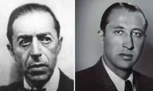 Two black and white portraits of men in suits. The man on the left has slicked-back hair, expressive eyes, and a stern expression. The man on the right has a calm demeanor, also with slicked-back hair, and is looking directly at the camera.