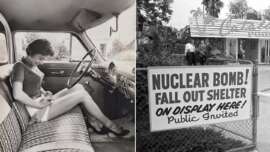 Left side: A woman sits in a vintage car adjusting her high-heeled shoe. Right side: A fenced area with a sign reading "Nuclear Bomb Fallout Shelter on Display Here! Public Invited" in front of a building with a sign that says "Castaways.