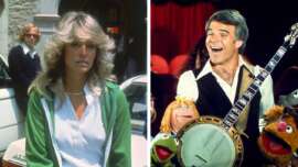 Split image: On the left, a woman with blonde feathered hair wears a green jacket and white shirt, standing outdoors. On the right, a man in a vest smiles while holding a banjo, surrounded by colorful puppets.