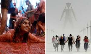 Left: A person covered in tomato pulp smiles during a festival. People around participate enthusiastically. Right: A group of people walk holding hands in a dusty desert setting with a large effigy in the background.