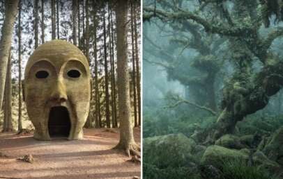 Left: A large, moss-covered stone sculpture resembling a human face with an open mouth serves as an entrance. Right: A misty forest with dense, moss-covered trees and rocks, creating an enchanted atmosphere.