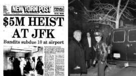The image features a split layout: on the left is a New York Post headline about a $5 million heist at JFK airport; on the right, a black and white photo shows three men beside a dark van at night.