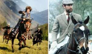 A side-by-side image. Left: A person joyfully rides a horse in a mountainous landscape, with two people following. Right: A person in a tweed jacket and flat cap rides a horse, looking ahead. Both images depict equestrian scenes.