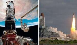 Split image: Left shows astronaut performing maintenance on the Hubble Space Telescope in orbit with Earth in the background. Right shows a space shuttle launching vertically with bright exhaust flames and smoke.