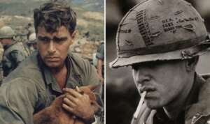 Left: A soldier holds a small dog in a rugged, outdoor setting during wartime. Right: A soldier, wearing a helmet marked with writing, smokes a cigarette. Both images depict scenes from a military context.