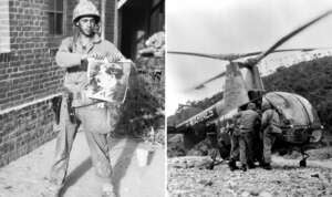 Left: A soldier in uniform holds a large torn poster of a leader's portrait outdoors by a brick wall. Right: Military personnel stand by a US Marines helicopter on rocky terrain in a wooded area.