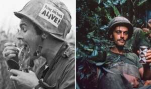 A split image of two soldiers. Left: A soldier eats from a can, wearing a helmet with "Bring 'em back alive" taped on it. Right: A soldier in a jungle setting, holding a Coca-Cola can, looking relaxed. Both wear helmets and military gear.