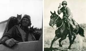 Left side: A pilot in a flight suit and goggles smiles with a cat on his shoulder in a cockpit. Right side: A soldier on horseback carries a raised object, possibly a gun, wearing a helmet and uniform. Both images are black and white.
