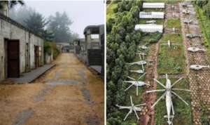 Left side: A deserted, weathered concrete pathway next to old buildings with overcast sky. Right side: Aerial view of an abandoned field with several rusting helicopters surrounded by trees and foliage.